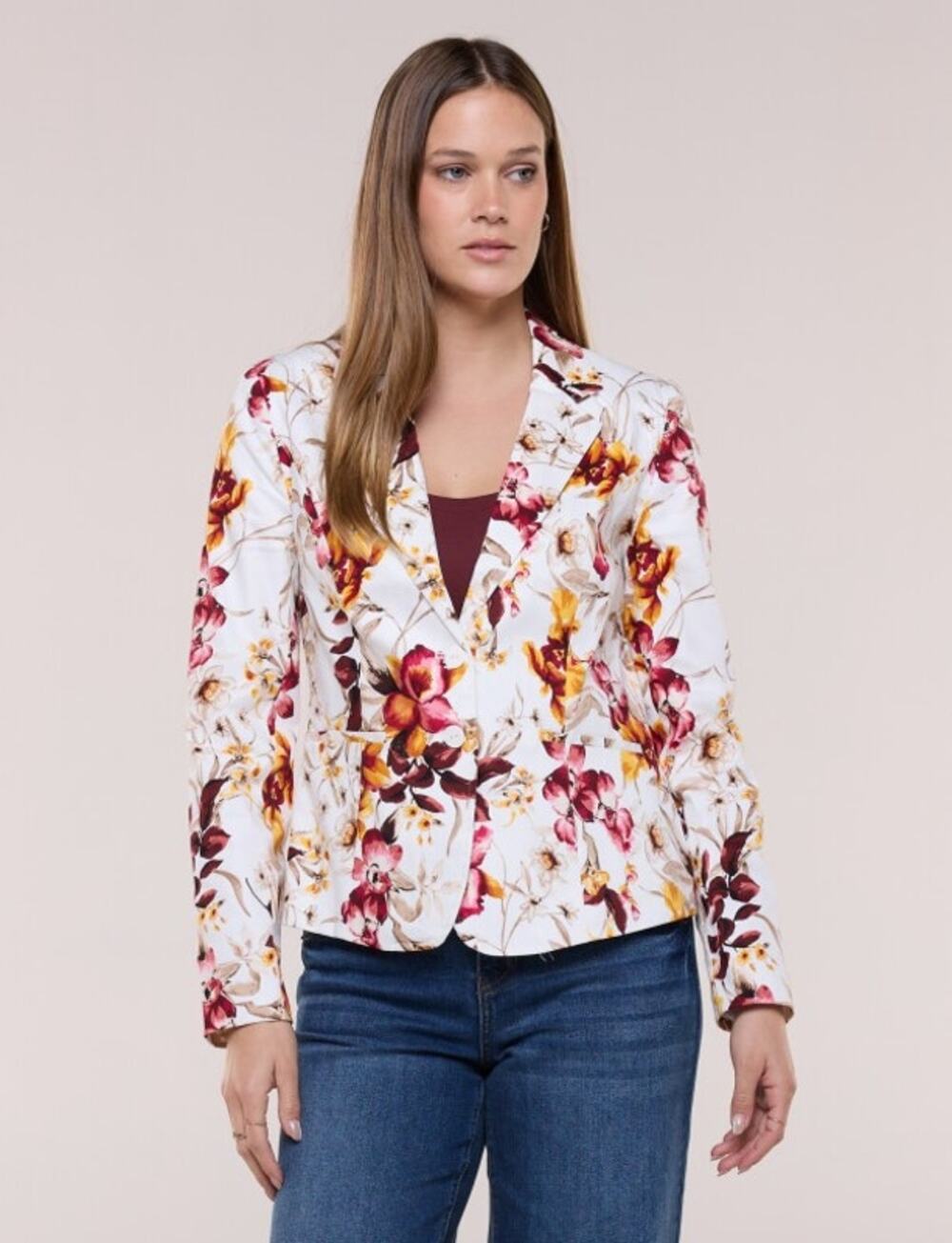 Premise Floral Cotton Blazer Size 6 Cream Burgundy Pink Botanical Jacket